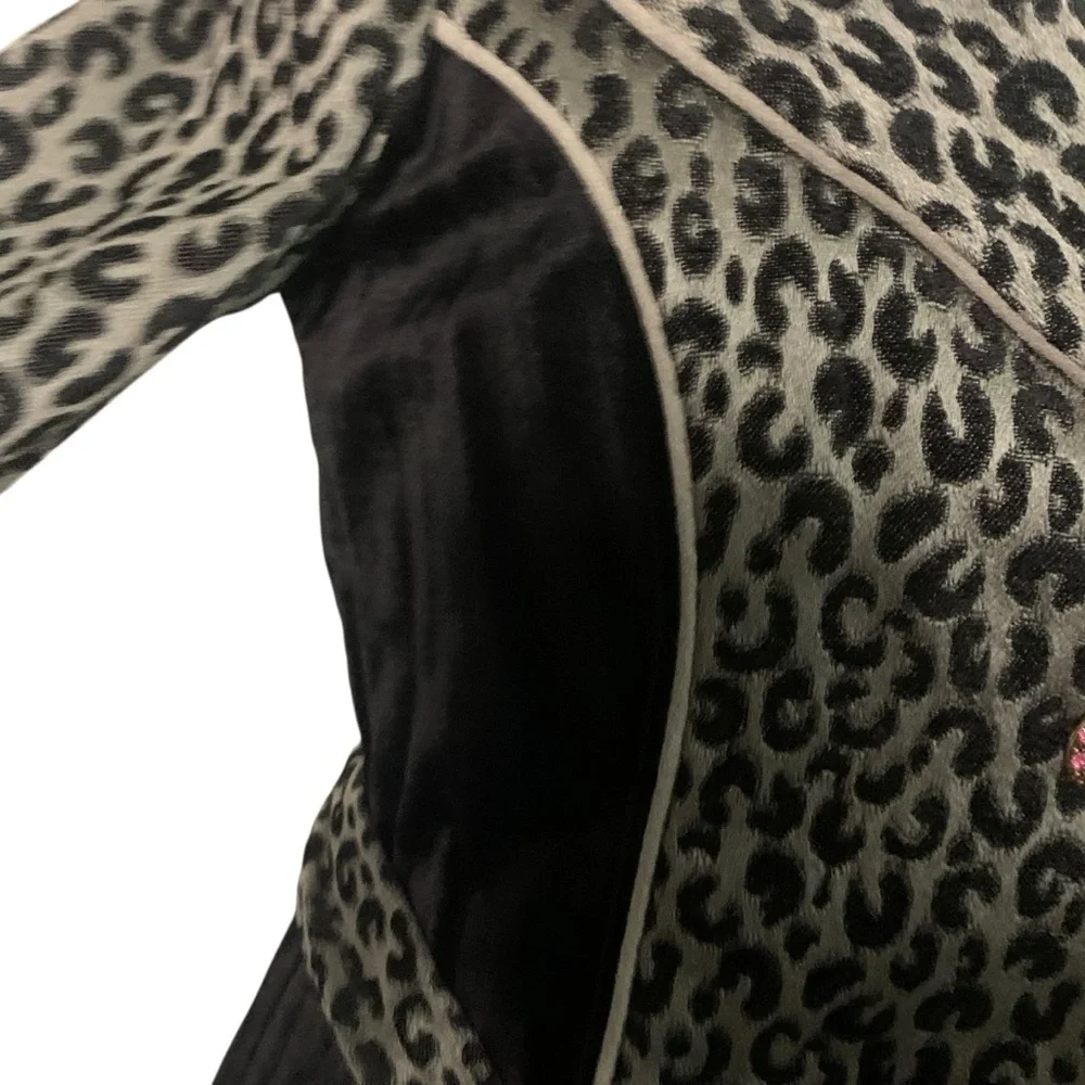 3 Sisters Small Black Gray Pink Leopard Print Belted Rhinestone Button Coat Glam - Picture 3 of 9